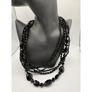 Vintage Faceted Glass Beaded Black MultiStrand Necklace Formal